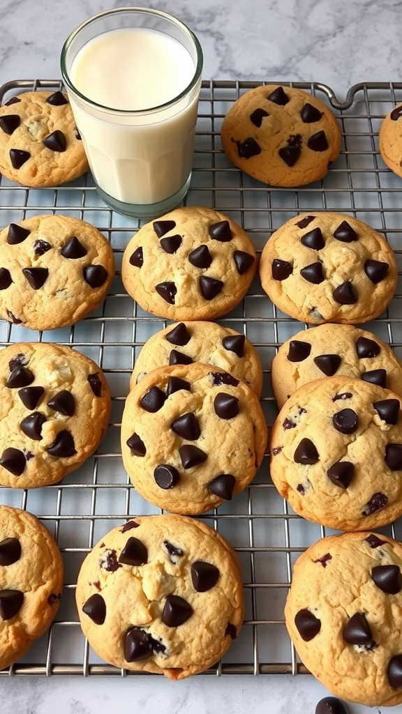 Delicious chocolate chip cookies on a cooling rack with a glass of milk
