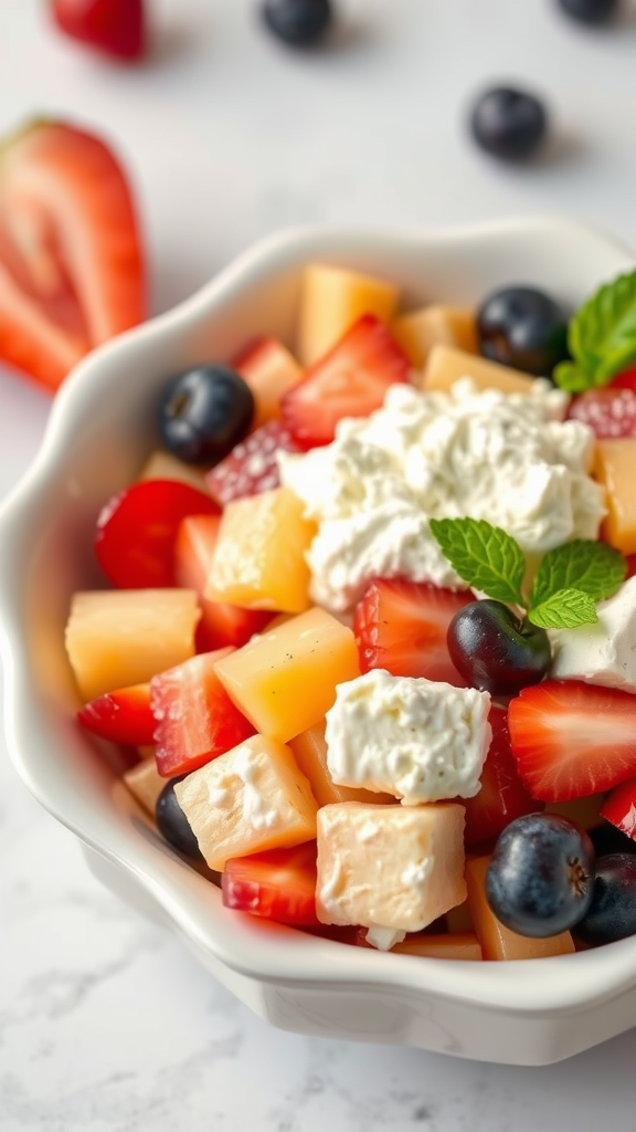 A bowl of colorful cottage cheese fruit salad with strawberries, blueberries, and cantaloupe, garnished with mint.