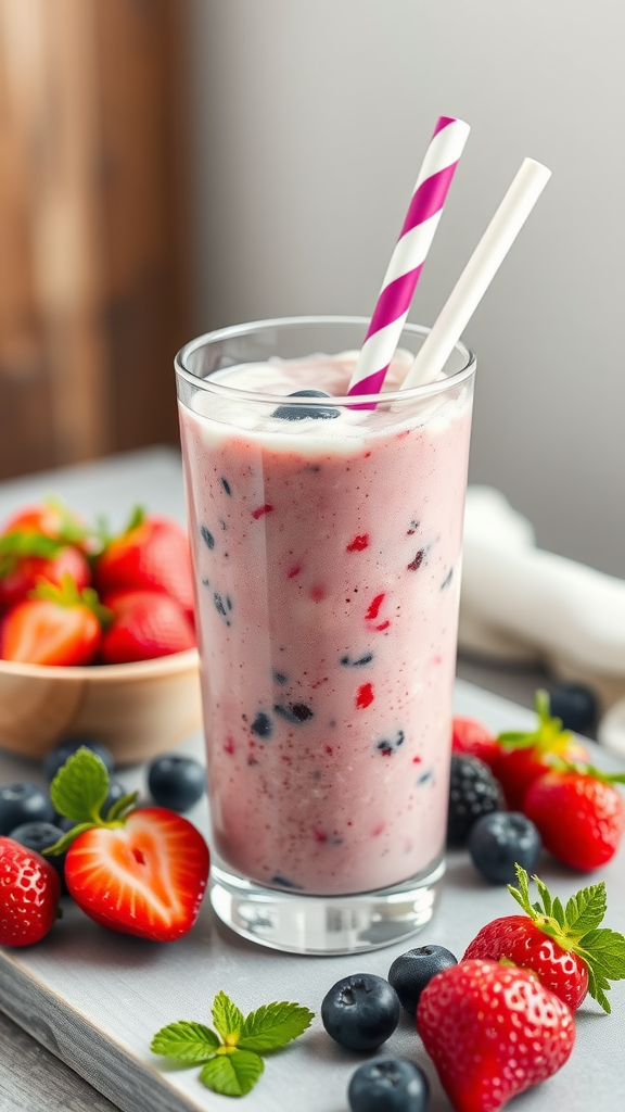 A refreshing cottage cheese smoothie with berries in a glass, garnished with fresh fruits.
