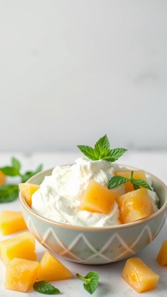A bowl of cottage cheese topped with pineapple chunks and mint leaves.