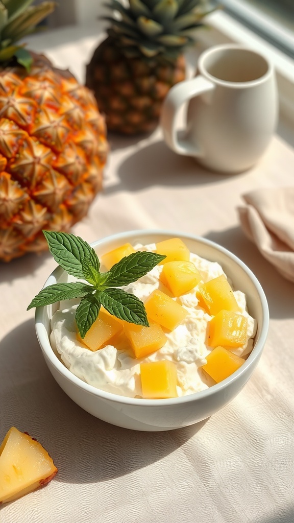 A bowl of cottage cheese topped with pineapple chunks and mint leaves.