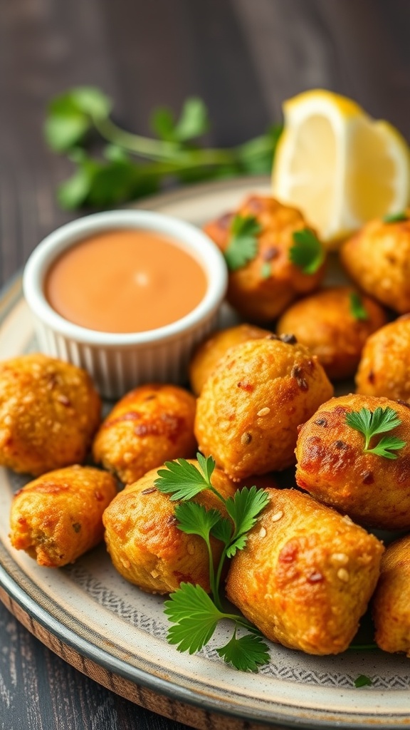 Plate of golden-brown coxinhas with a dipping sauce and garnish.