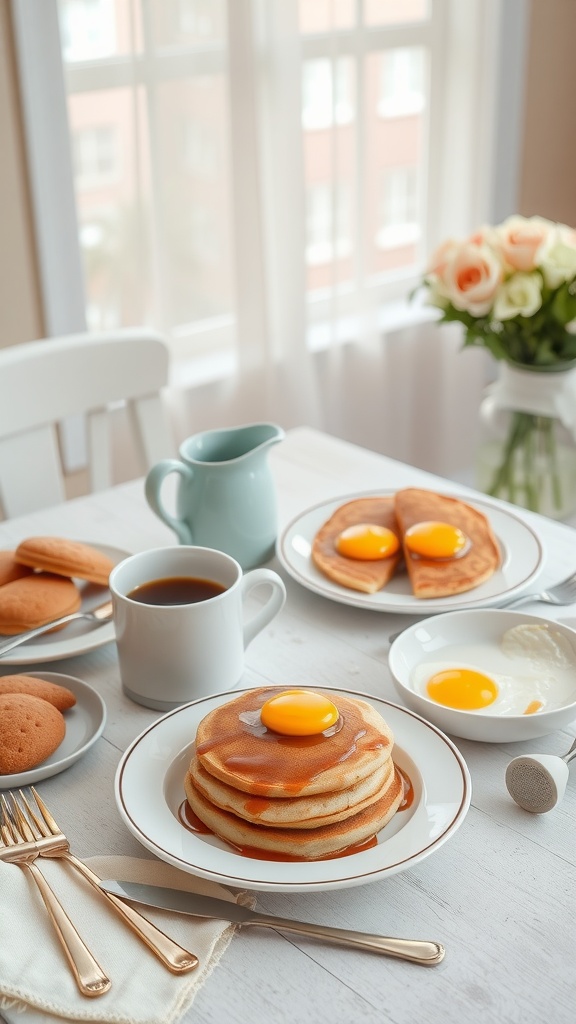 Cozy breakfast-for-dinner setting with pancakes, eggs, and coffee