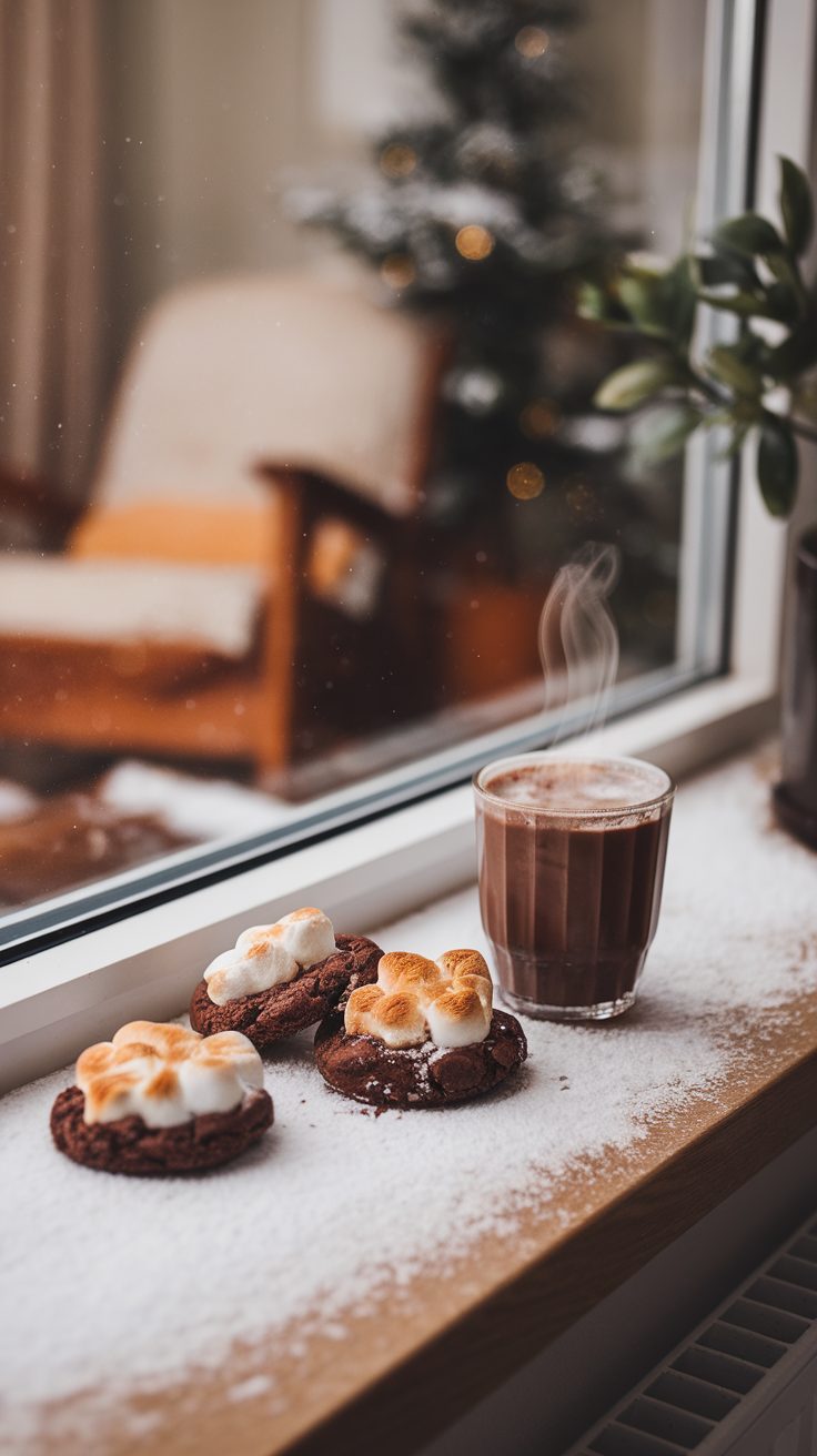 Delicious hot chocolate marshmallow cookies on a windowsill with a glass of hot chocolate.