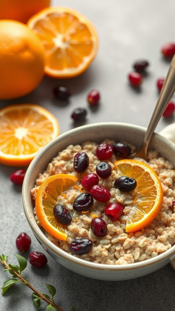 Bowl of cranberry orange oatmeal topped with orange slices and cranberries