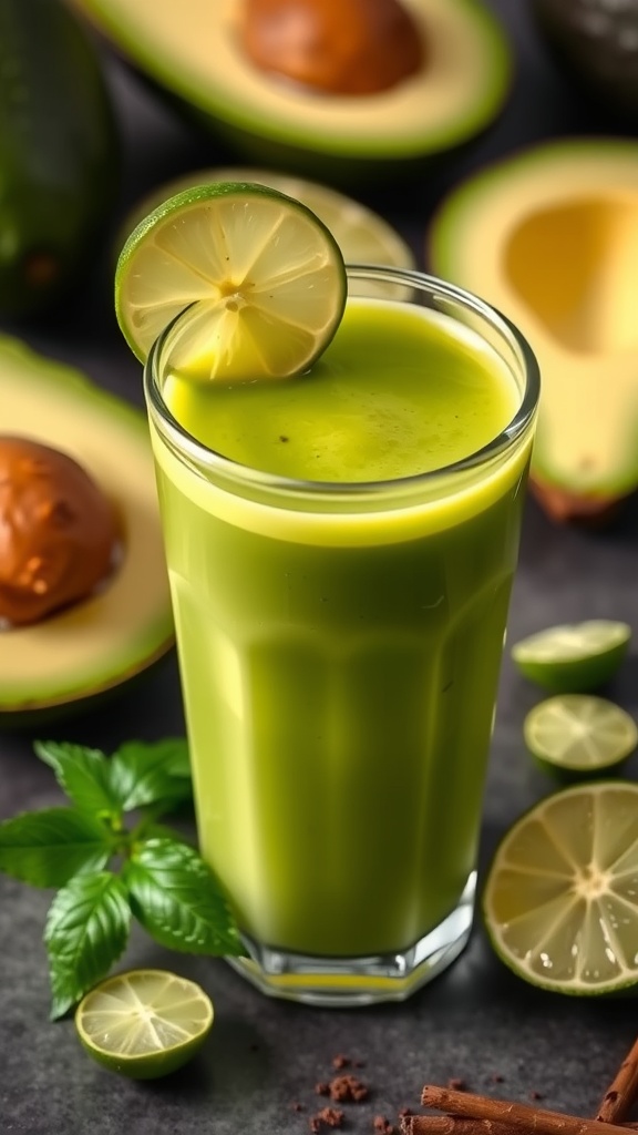 Creamy avocado smoothie in a glass with a slice of lime