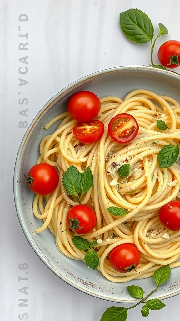A bowl of creamy avocado pasta topped with cherry tomatoes and fresh basil
