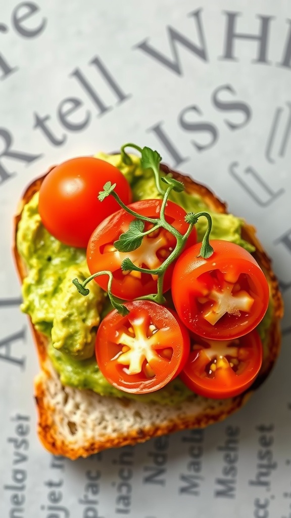 Creamy avocado toast topped with halved cherry tomatoes on whole grain bread