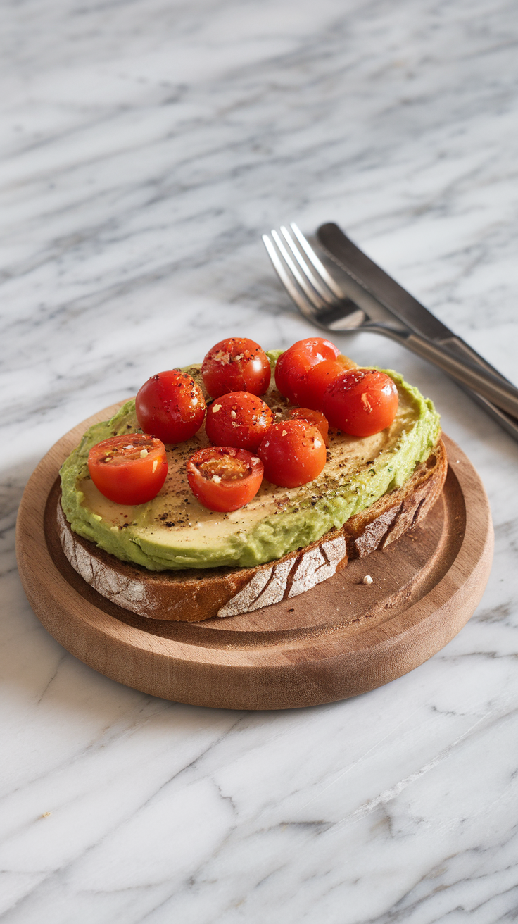 Creamy avocado toast topped with cherry tomatoes on a wooden plate.