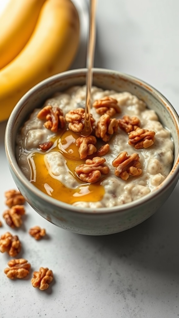 Bowl of creamy banana oatmeal topped with walnuts and honey