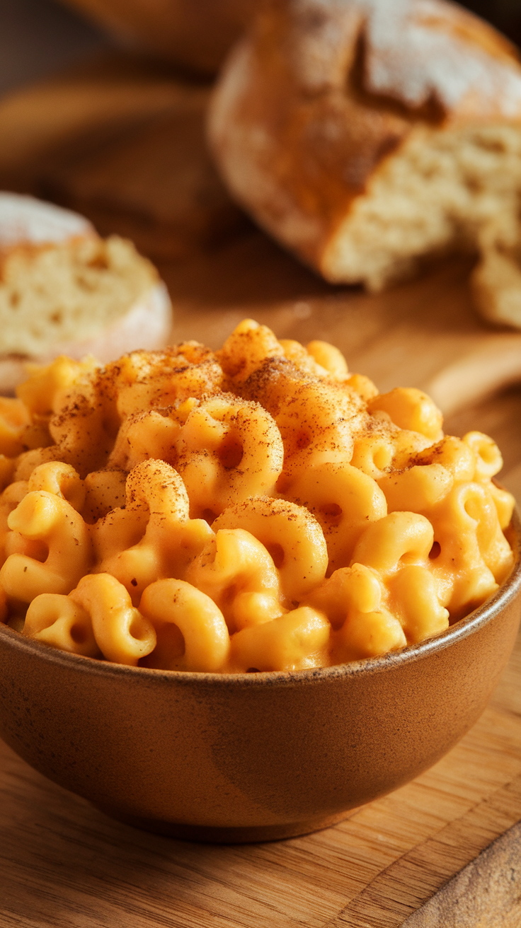 Creamy butternut squash macaroni and cheese in a bowl