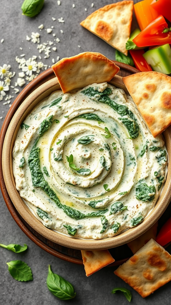 Creamy spinach dip in a bowl with pita chips and fresh vegetables