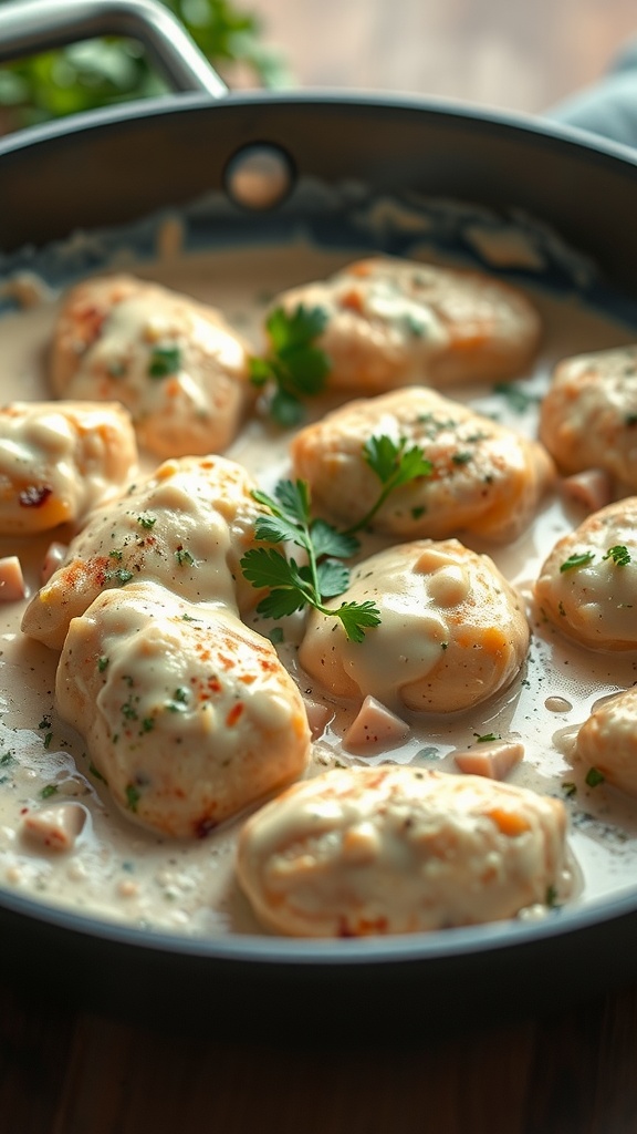 A skillet with creamy garlic chicken and fresh parsley garnishing the top