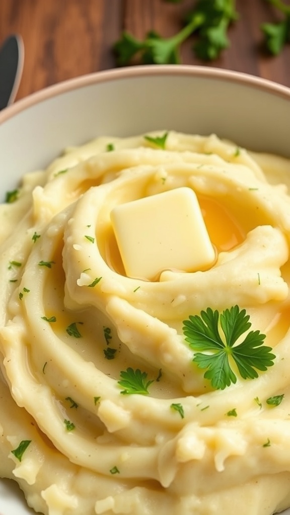 A bowl of creamy garlic mashed potatoes topped with a pat of butter and parsley.