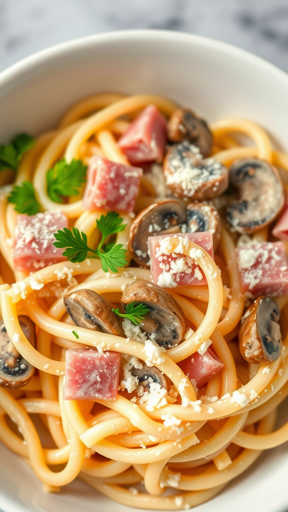 Creamy ham and mushroom pasta served in a bowl with parsley garnish.