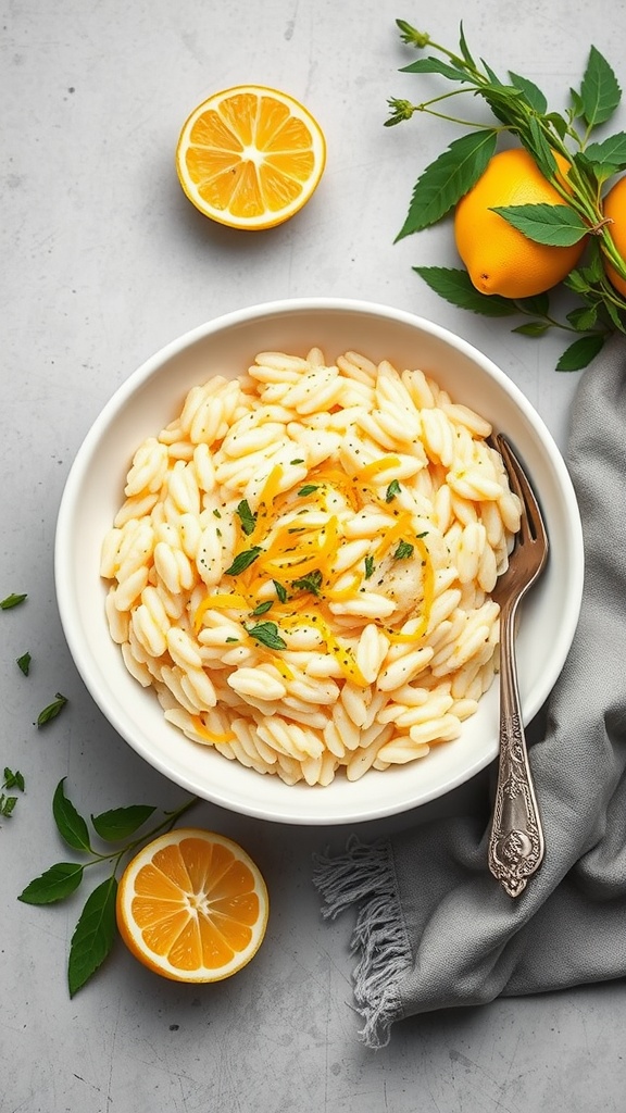 A bowl of creamy lemon garlic risotto garnished with parsley, with fresh lemons beside it.