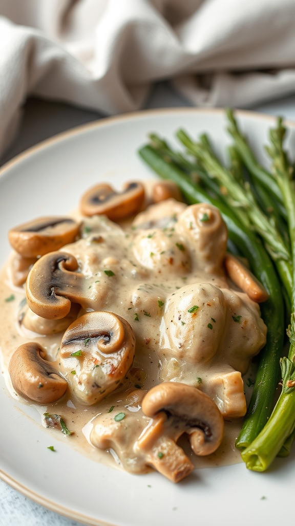 Creamy Mushroom Chicken with green vegetables on a plate