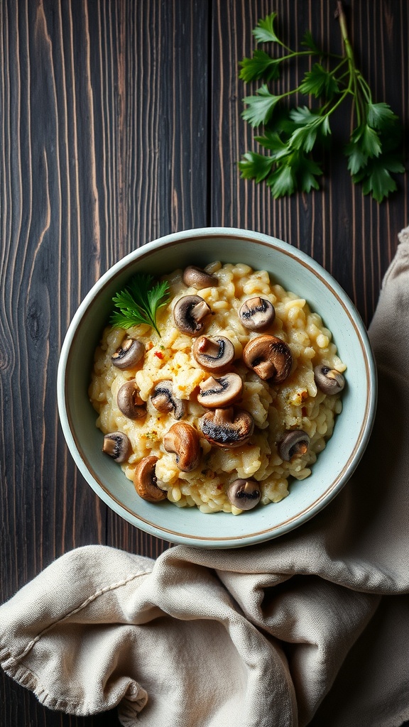 A bowl of creamy mushroom risotto garnished with parsley.