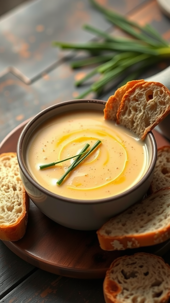 Creamy potato soup in a bowl with chives and slices of bread.