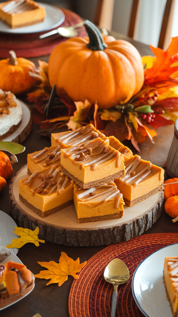 Delicious pumpkin cheesecake bars garnished with caramel drizzle, surrounded by fall decorations.