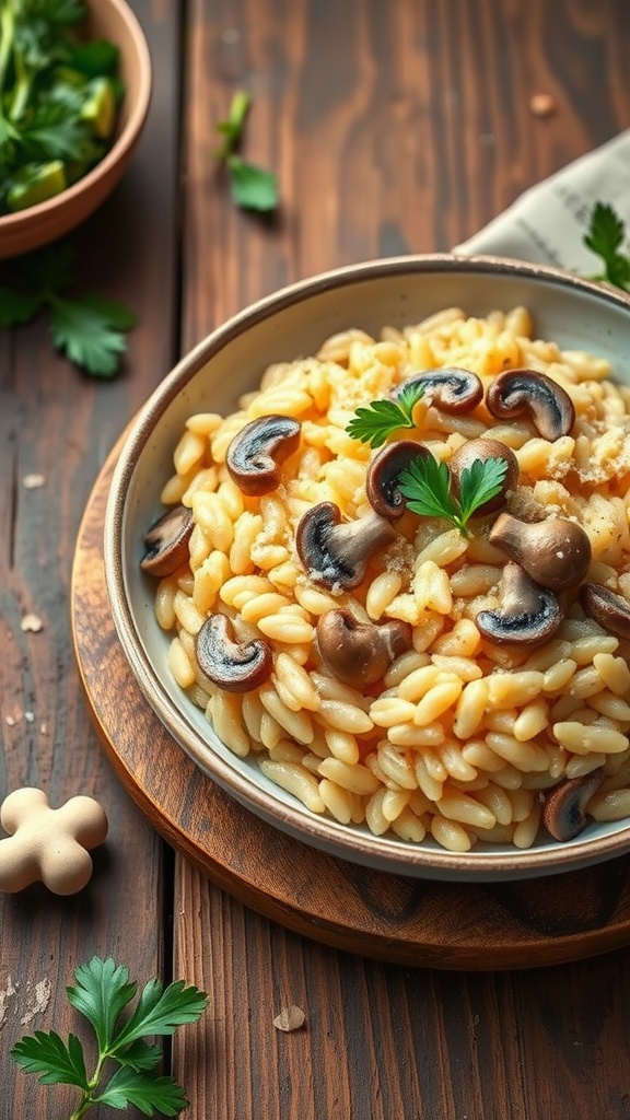 A bowl of creamy risotto topped with mushrooms and parsley.