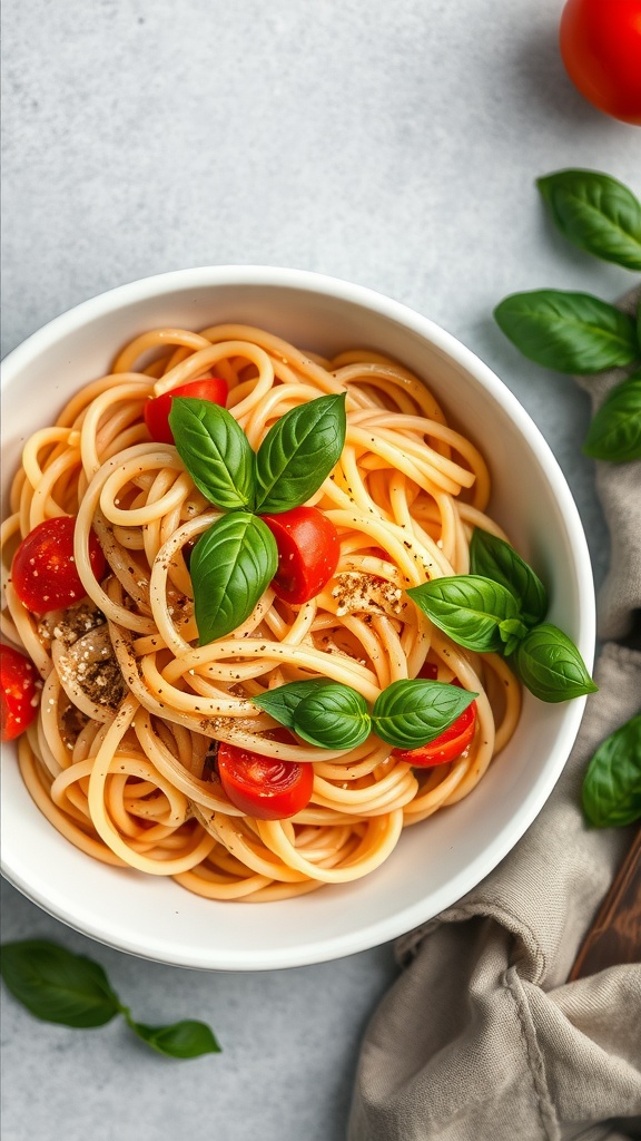 A bowl of creamy tomato basil pasta topped with fresh basil and cherry tomatoes.