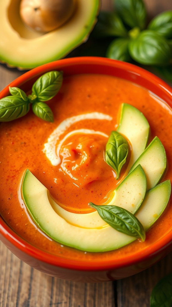 A bowl of creamy tomato basil soup garnished with avocado slices and fresh basil leaves.