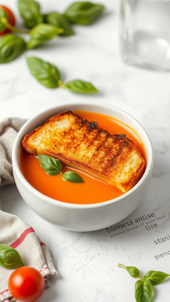 A bowl of creamy tomato basil soup with a grilled cheese sandwich.
