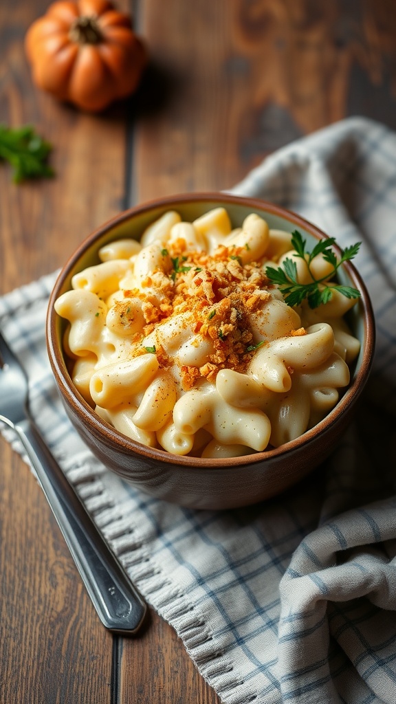 A bowl of creamy vegan mac and cheese garnished with parsley.