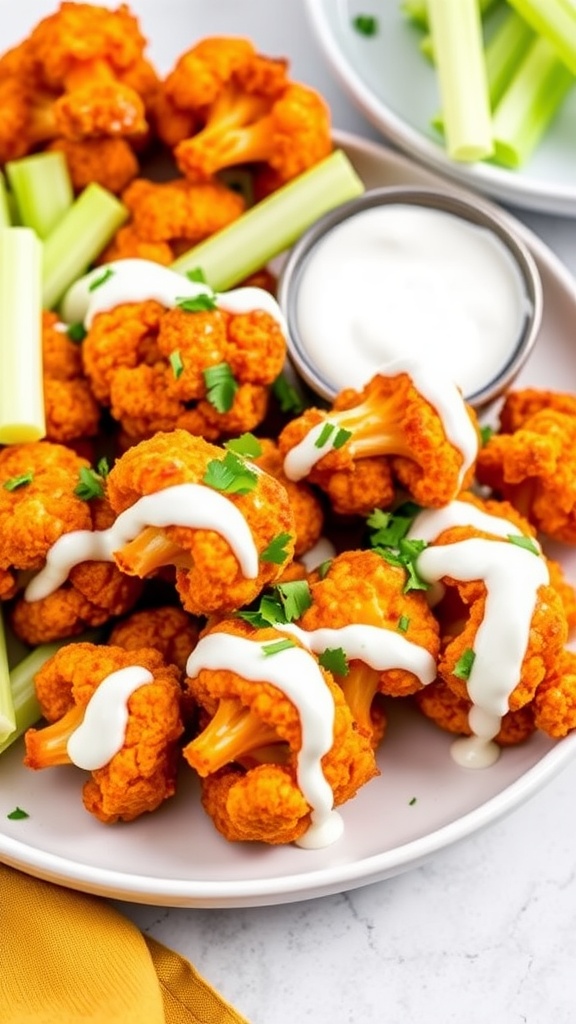 Crispy buffalo cauliflower bites drizzled with ranch sauce, served with celery sticks.