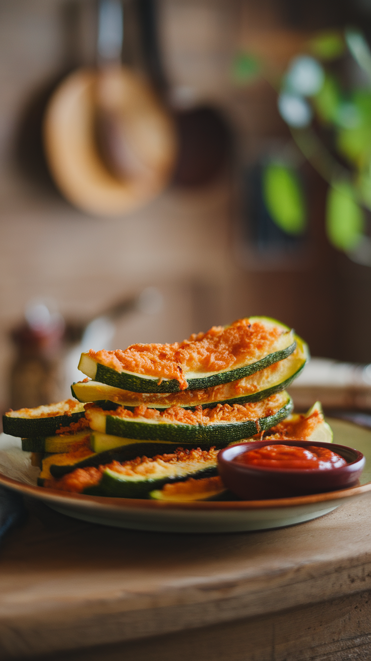 A plate of crispy baked zucchini fries served with a side of marinara sauce.