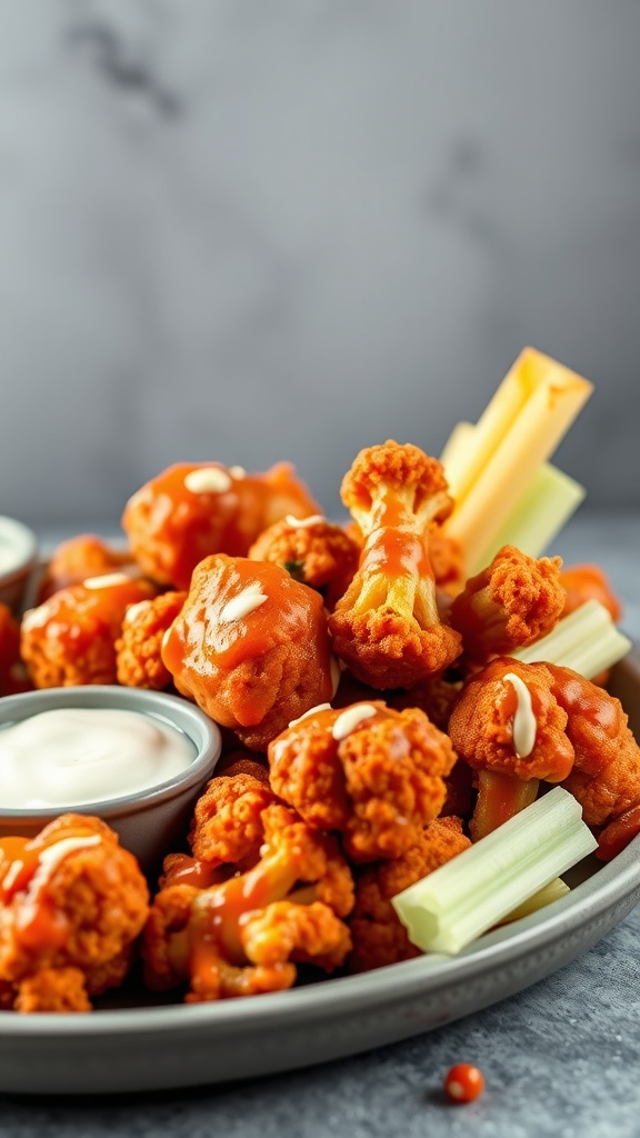 A plate of crispy cauliflower buffalo wings with celery sticks and dipping sauce.