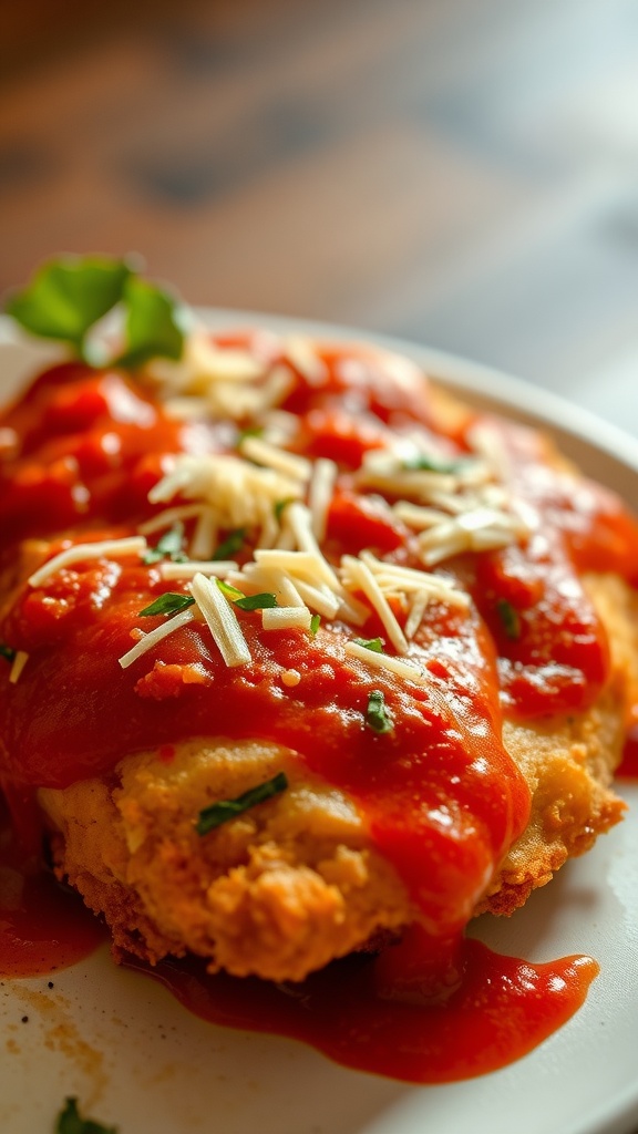A plate of crispy chicken topped with marinara sauce and cheese.