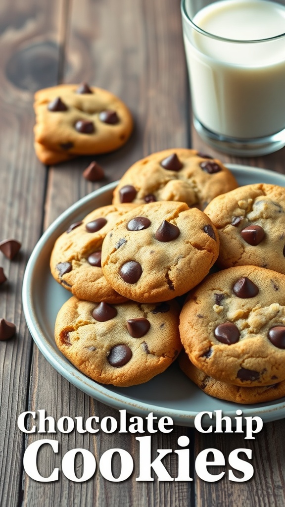 A plate of crispy chocolate chip cookies with a glass of milk beside them.