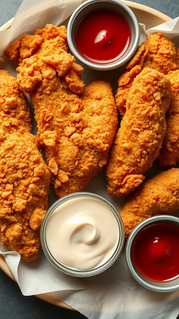 A basket of crispy fried chicken tenders with dipping sauces
