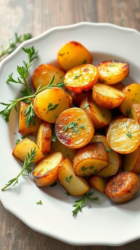 Crispy garlic roasted potatoes garnished with parsley in a white bowl