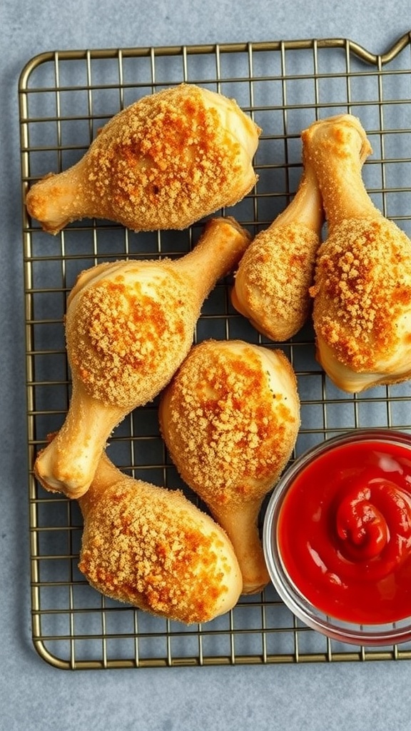 Crispy Parmesan Crusted Chicken Drumsticks on a cooling rack with a side of ketchup.