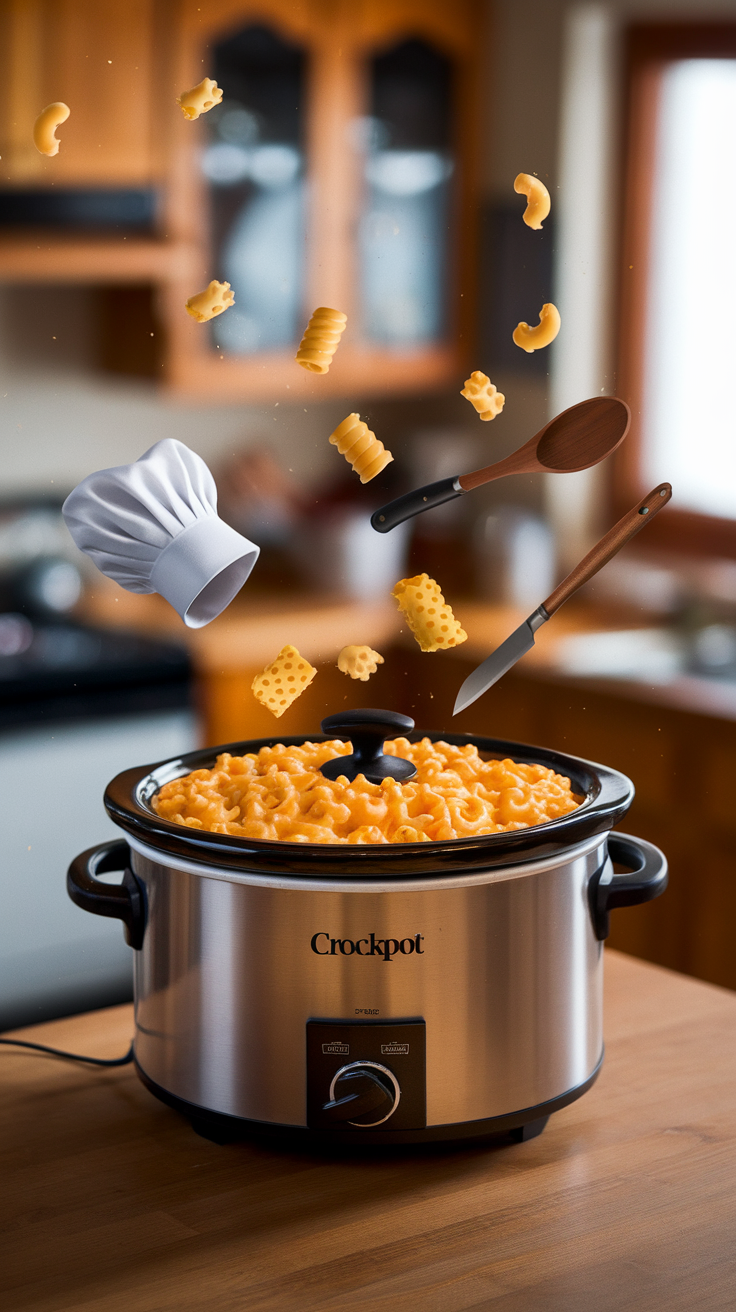 A crockpot filled with creamy macaroni and cheese surrounded by various ingredients.