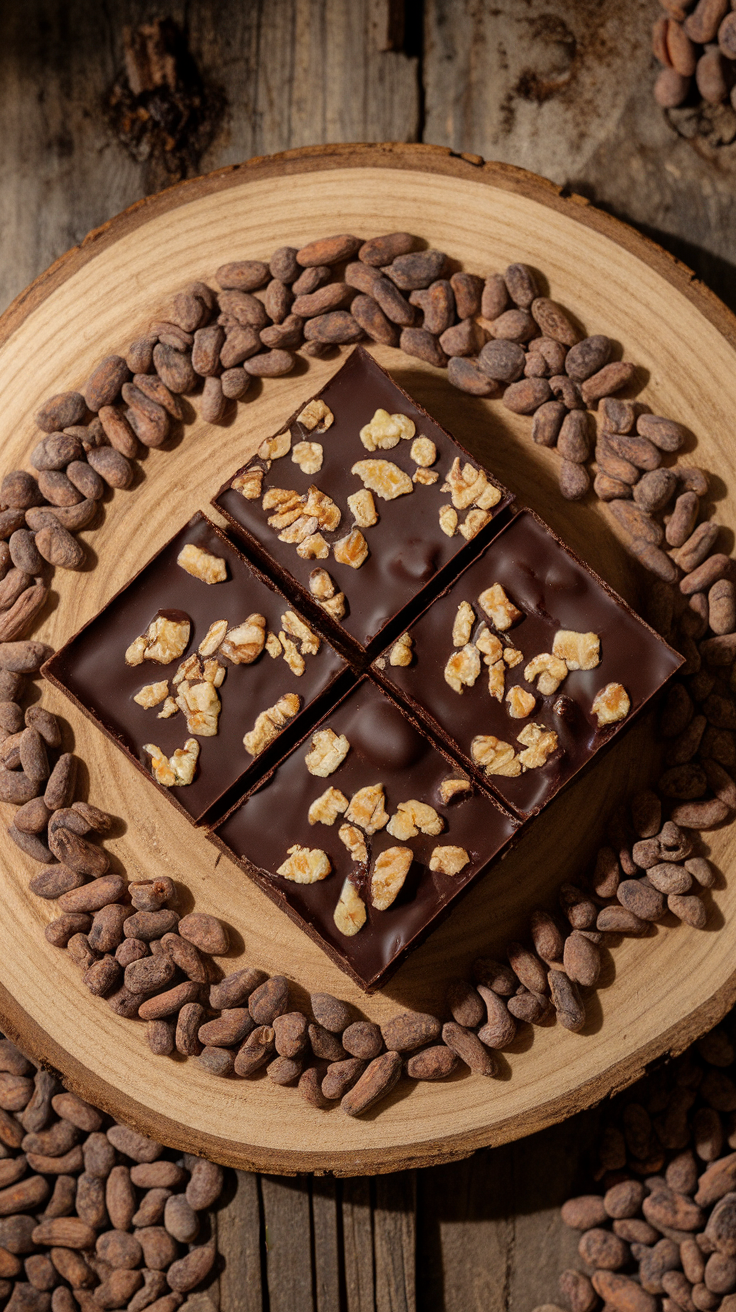 Homemade chocolate crunch bars topped with crispy flakes on a wooden platter surrounded by cocoa beans.