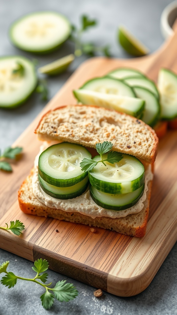 A cucumber and hummus sandwich on whole grain bread with fresh herbs.