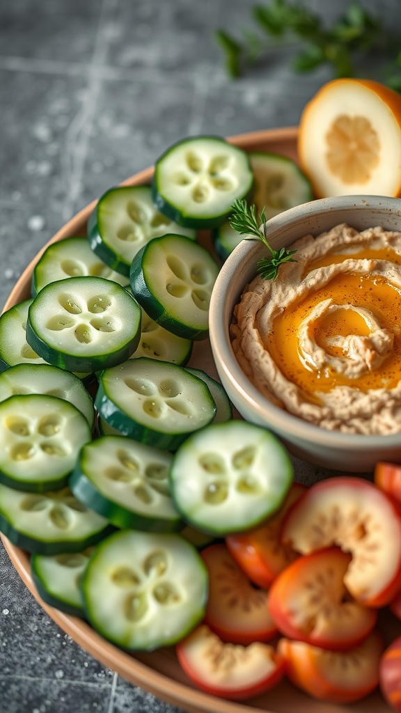 A colorful platter featuring cucumber slices, cherry tomatoes, and hummus.