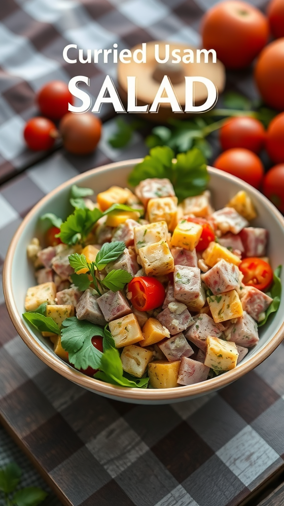 Curried ham salad in a bowl with vegetables and herbs
