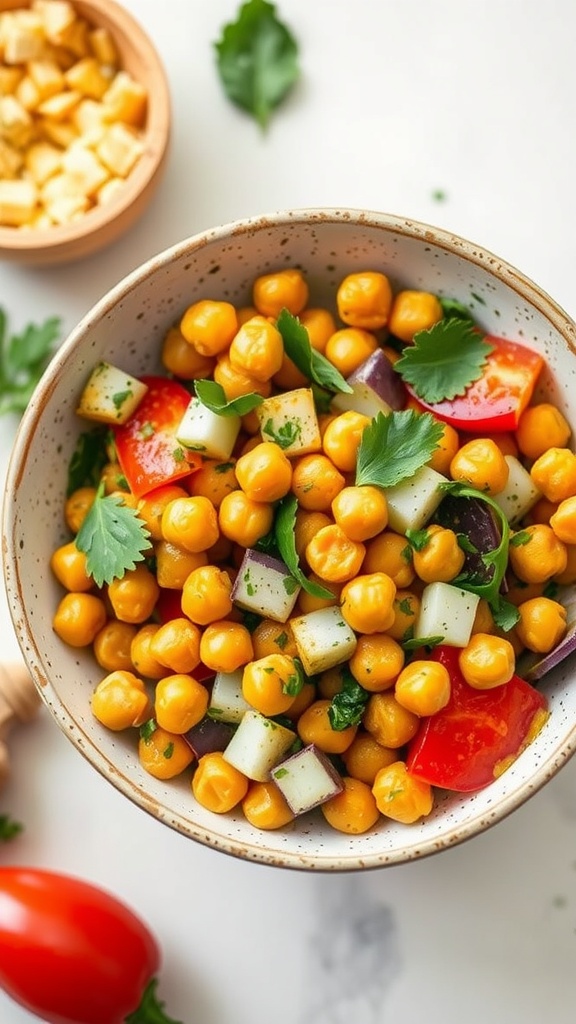 A bowl of colorful curry chickpea salad with vegetables and herbs.