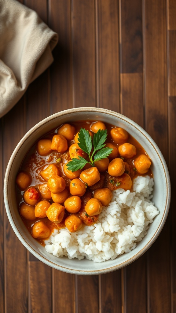 A bowl of curry chickpeas served over coconut rice