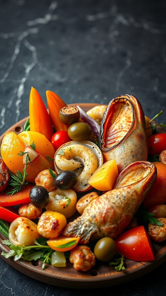 A colorful platter of Cuscuz Paulista with various vegetables and seafood.