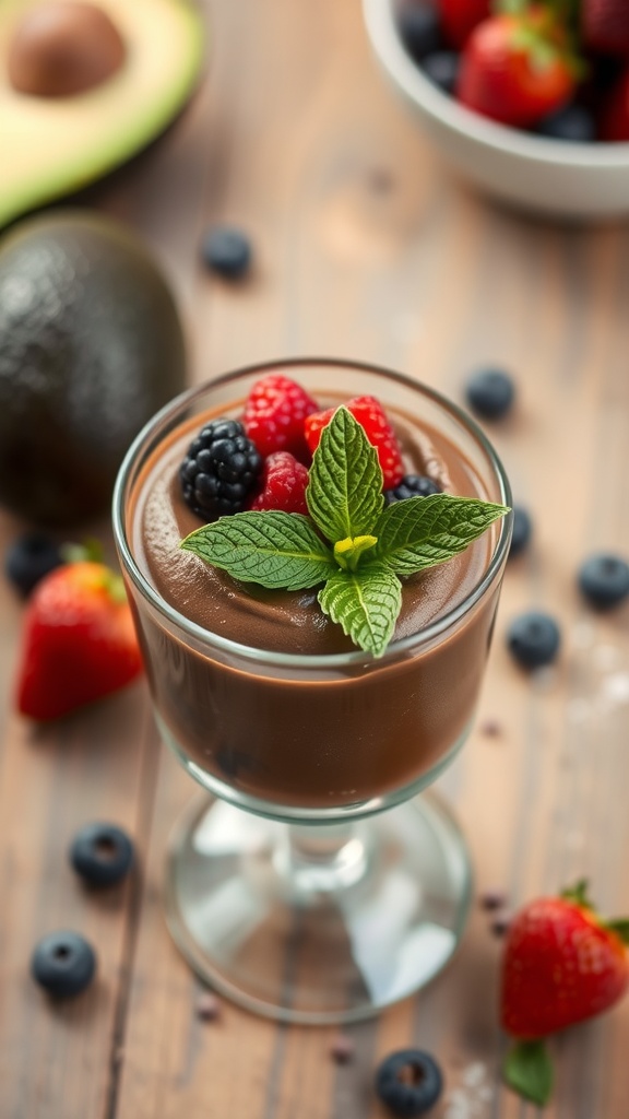 Delicious chocolate avocado mousse garnished with fresh berries and mint leaves