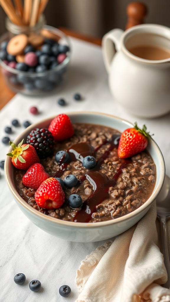 A bowl of decadent chocolate oatmeal topped with fresh berries.