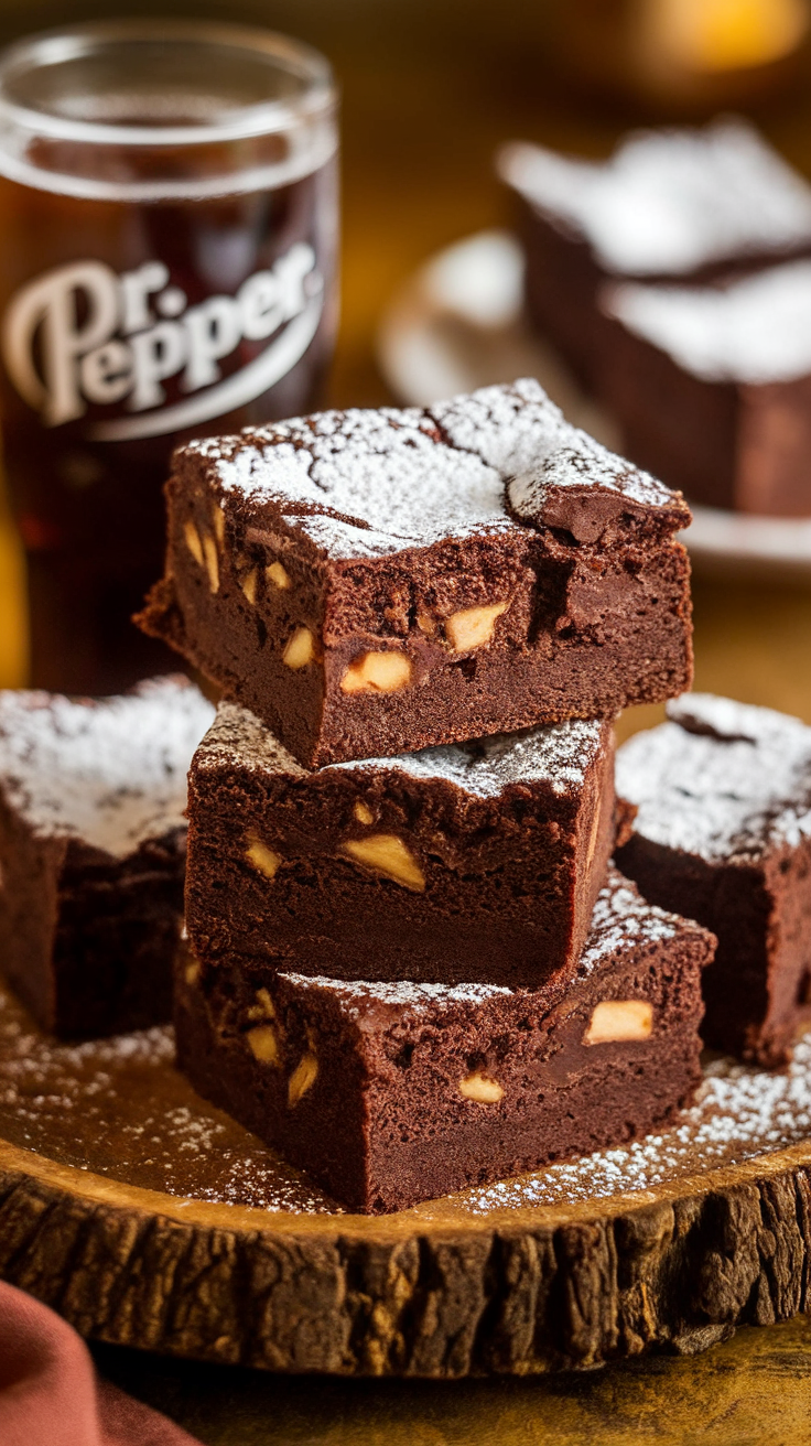 Delicious Dr. Pepper brownies stacked with a glass of Dr. Pepper in the background.