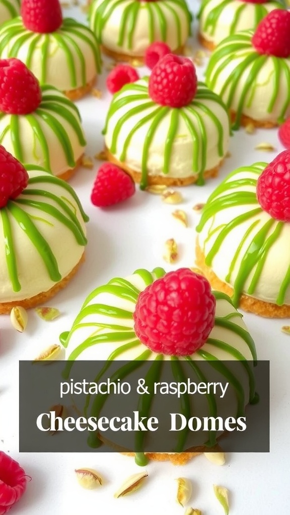 A beautiful plate of pistachio and raspberry cheesecake domes, topped with raspberry glaze and garnished with fresh raspberries and pistachios.