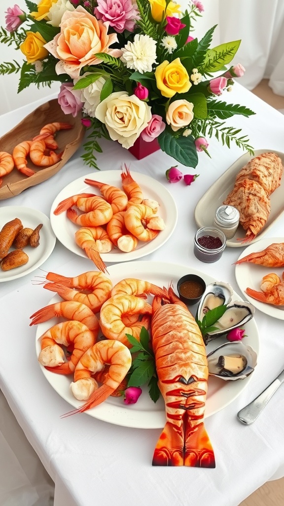 A beautifully arranged seafood platter featuring shrimp, lobster, and oysters